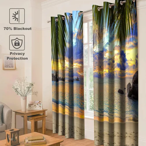 Vista 2 de Jekeno Cortinas opacas para oscurecer la habitación, con ojales, para ventana, atardecer, océano hawaiano, playa, tropical, palmera, decoración
