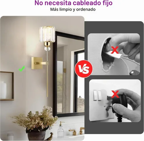 Vista 2 de Apliques de Pared Modernos Dorados con Iluminación a Batería, Juego de 2, Sin Cableado, Accesorio de Luces de Pared Recargables con Control Remoto