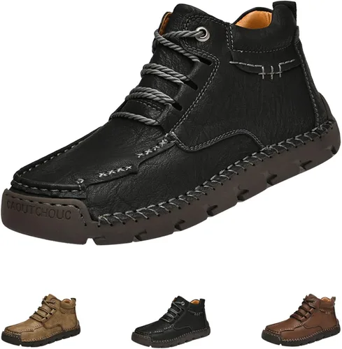 Vista 8 de BlackeEight Zapatos de senderismo retro de altura media para hombre, ligeros, costuras a mano, suela suave, antideslizantes, con cordones