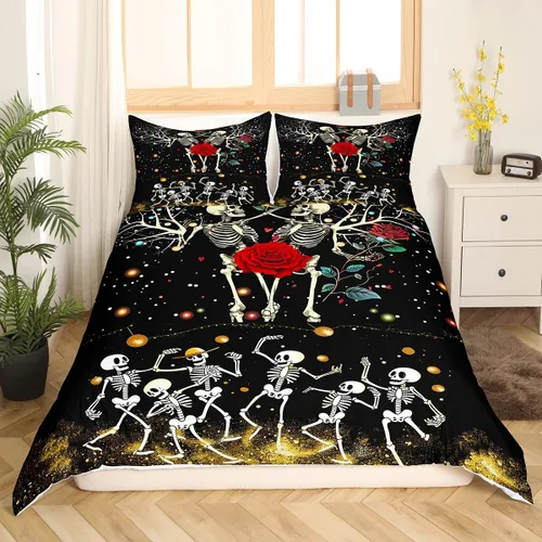 Vista 3 de Juego de funda de edredón de esqueleto, tamaño individual, estampado de flores de esqueleto humano, juego de ropa de cama con temática de Halloween