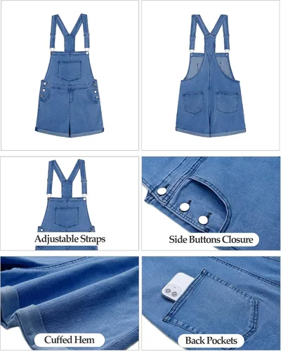 Vista 6 de Vetinee - Overol corto clásico de mezclilla con tirantes ajustables para mujer, con dobladillo con puño