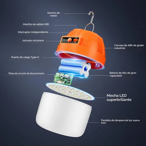 Vista 2 de Linterna LED portátil recargable, 3000 lúmenes, batería externa de 10000 mAh, luces LED para tienda de campaña, luz de campamento impermeable