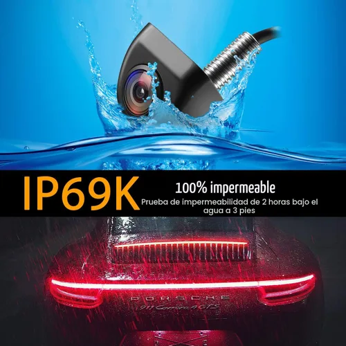 Vista 2 de NATIKA Cámara de retroceso/visión frontal, IP69K, impermeable, gran visión nocturna, HD y súper gran angular, de metal, estilo OEM, cámara de Negro