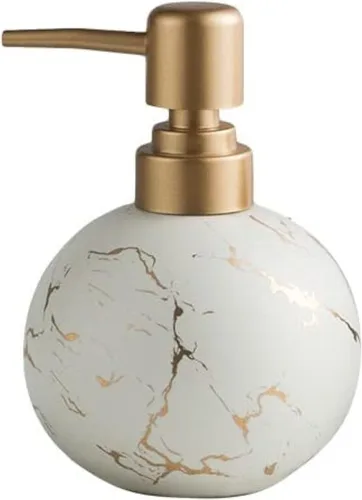 Vista 3 de Dispensador de jabón dorado para baño o cocina, botella redonda de loción de cerámica con diseño de mármol, bomba libre de óxido (negro)