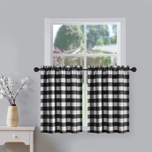 Vista 27 de VOGOL Cenefa de cuadros marrón con textura de lino para dormitorio, sala de estar, diseño de bolsillo para barra, fácil de colgar, 52 x 12 pulgadas