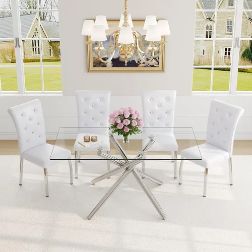Vista 31 de Juego de mesa de comedor moderna para mesa de comedor negra de 4,63 pulgadas, juego de 4 con patas de metal dorado, mesa de cocina rectangular