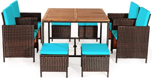 Vista 12 de HAPPYGRILL Juego de 9 piezas de comedor para patio al aire libre con asientos acolchados, mesa de comedor que ahorra espacio con mesa de madera