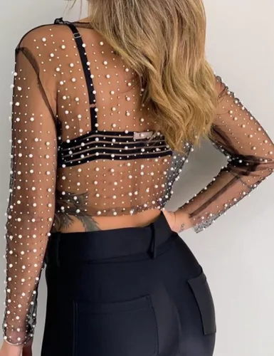 Vista 3 de SeekMe Blusa corta de malla transparente para mujer, de manga larga, con diamantes de imitación, sin brasier