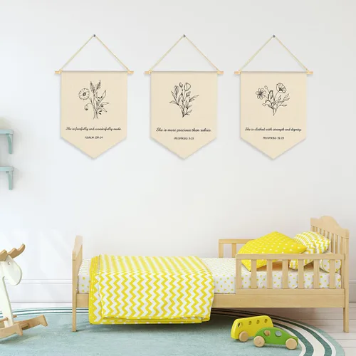 Vista 5 de VitalCozy 3 piezas de versículo bíblico de las Escrituras cristianas, decoración botánica cristiana, banderín colgante, banderín, bandera de pared
