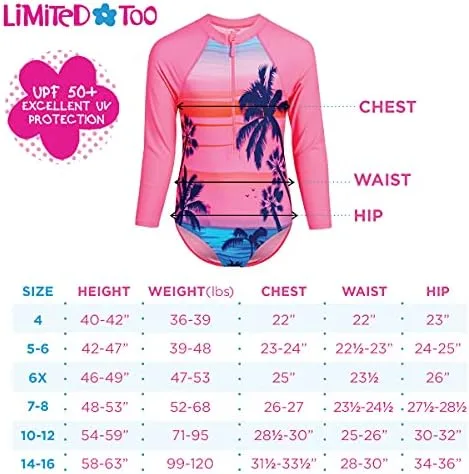 Vista 5 de Limited Too Traje de baño de manga larga UPF 50+ con protección solar y arena para niñas (7-16)