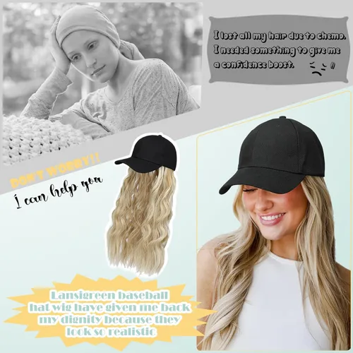 Vista 2 de Peluca de gorra de béisbol para mujer, gorra de béisbol con extensiones de cabello, gorra ajustable adjunta de 24 pulgadas de largo, ondulada