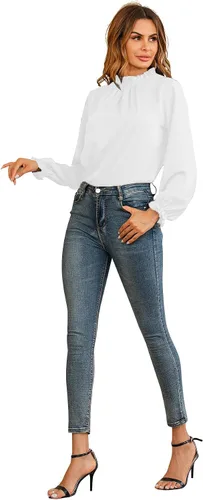 Vista 4 de LYANER Blusa de manga larga con volantes y cuello alto para mujer
