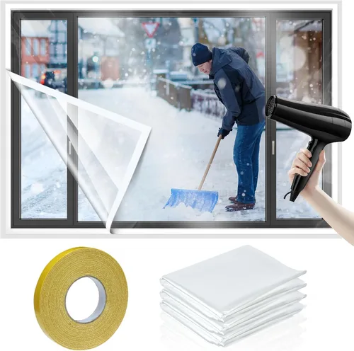 Vista 10 de Kit de aislamiento de ventana de 6 piezas de 47 x 63 pulgadas, película retráctil transparente cortable con cinta adhesiva de doble cara