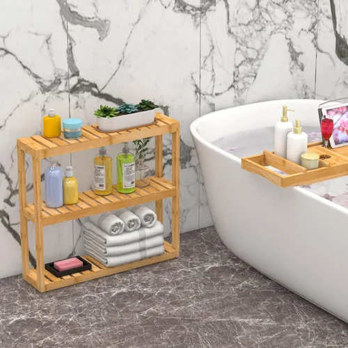 Vista 4 de Estante Domax de bambú, para baño, 3 niveles de montaje en pared, multifuncional, capa ajustable, de pie, para colocar por encima del inodoro