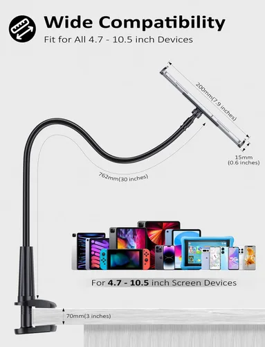 Vista 5 de Tryone Soporte para tablet de cuello de cisne para cama, ajustable, flexible, soporte para tabletas, abrazadera en la mesa, compatible con iPad Air