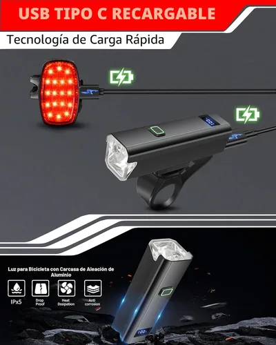 Vista 6 de DARKBEAM 6000LM - Faros delanteros de bicicleta USB C recargables, alto lumen súper brillante, juego de luces de bicicleta para conducción nocturna