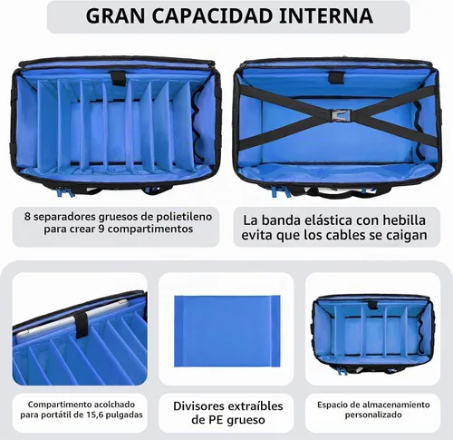 Vista 2 de Bolsa para cables DJ con divisores desmontables para equipos y equipo de música, azul