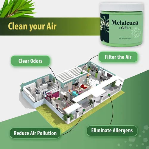 Vista 7 de Melaleuca Gel Purificador de Aire Natural, Ambientador Eliminador de Olores con Aceite Esencial de Árbol de Té 100% Australiano. Aire limpio