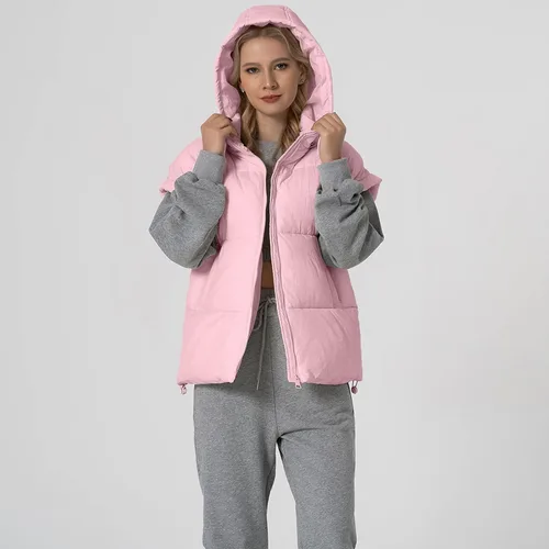 Vista 23 de Shiyifa Chaleco acolchado para mujer, chaqueta de gran tamaño, sin mangas, ligera, con cremallera, con capucha desmontable