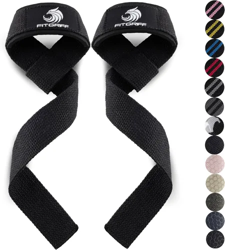 Vista 7 de Fitgriff® Correas de muñeca para levantamiento de pesas, gimnasio, peso muerto, entrenamiento (hechas de algodón premium y acolchadas) - Hombres