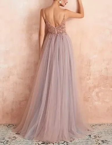 Vista 3 de Elegante vestido de encaje largo con cuello en V adecuado para todas las ocasiones, fiesta de graduación, cóctel, fiesta, vestido de noche formal