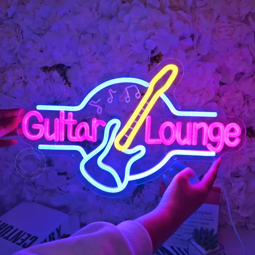 Vista 6 de Britrio Letrero de neón de guitarra, decoración de pared, sala de música en vivo, sala de bandas, sala de estar, oficina, dormitorio, hombre, cueva