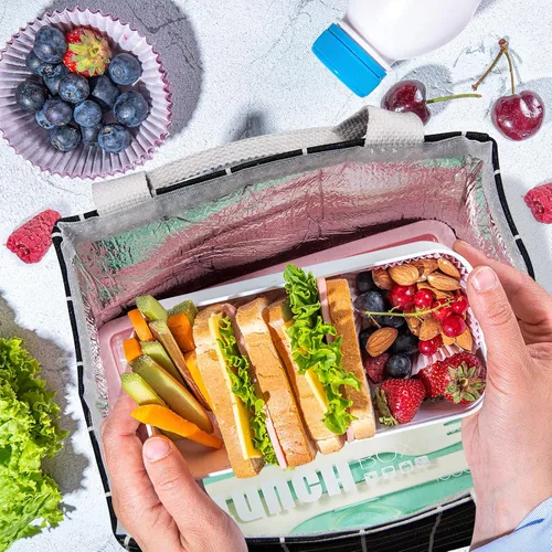 Vista 6 de Lonchera térmica para mujeres y hombres, bolsas reutilizables para el almuerzo para adultos para el trabajo o viajes (cuadros negros)