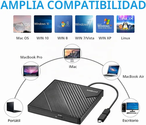 Vista 3 de Amicool - Unidad externa de DVD USB 3.0, USB C, grabadora de CD/DVD +/-RW, unidad óptica, reproductor de DVD portátil delgado, lector de reescritor
