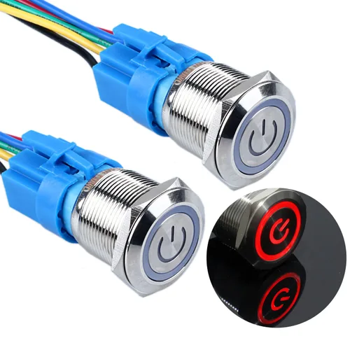 Vista 16 de 2 piezas de interruptor de botón de metal de cierre de 16 mm, 12V-24V, encendido/apagado, 1NO 1NC, impermeable, autoblocante, carcasa plateada