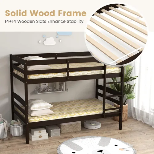 Vista 5 de KOMFOTT - Litera con tamaño doble sobre dos individuales, estructura de litera de madera con barandilla de longitud completa y escalera integrada