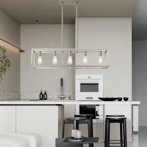 Vista 3 de 5 luces de isla de iluminación de níquel cepillado para comedor, lámpara colgante de granja moderna isla de cocina, iluminación lineal de granja