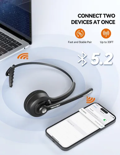 Vista 7 de TECKNET - Auriculares Bluetooth, auriculares inalámbricos con micrófono de cancelación de ruido para camionero, auriculares Bluetooth sobre la oreja