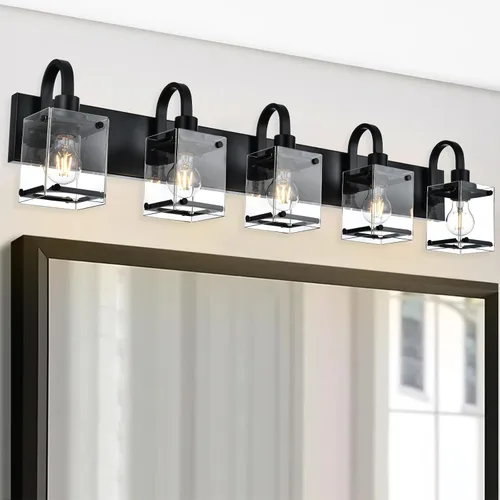 Vista 12 de Lámparas de tocador de baño de 3 luces, modernas luces de tocador con pantalla de vidrio transparente, lámpara de pared de níquel cepillado