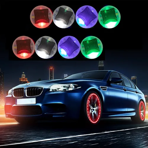 Vista 8 de Luces de rueda de neumáticos de automóvil, 4 válvulas de aire, tapa de válvula solar con sensores de movimiento, luz LED intermitente colorida