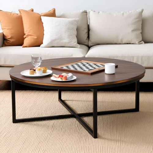 Vista 7 de Arcadia - Mesa de centro redonda de madera de acacia de 42 pulgadas, mesa industrial para sala de estar con acabado moca envejecido y patas
