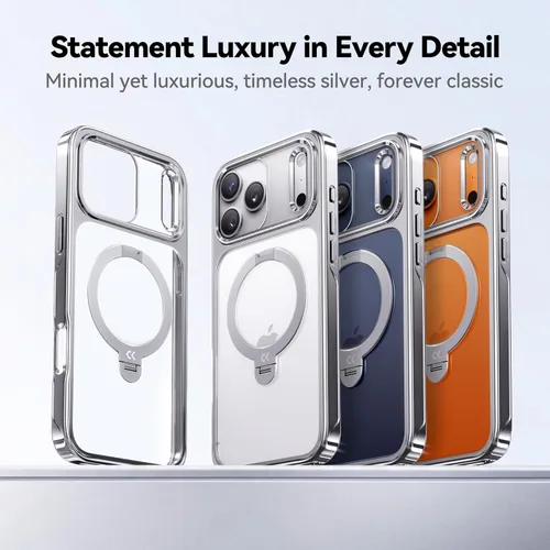 Vista 3 de CASEKOO Funda plateada brillante para iPhone 17 Pro con soporte magnético giratorio de 360 grados [compatible con MagSafe]