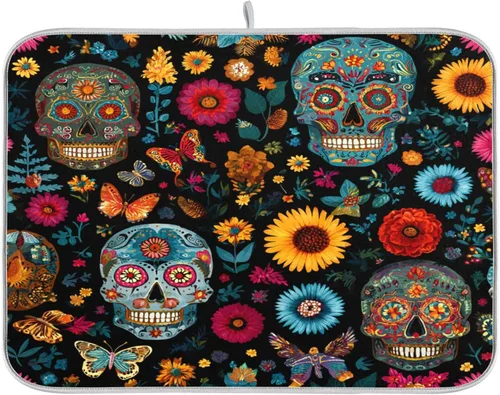 Vista 58 de Tapete de secado de platos de primavera naranja con flor de amapola para encimera de cocina, tapete escurridor absorbente de microfibra, tapete