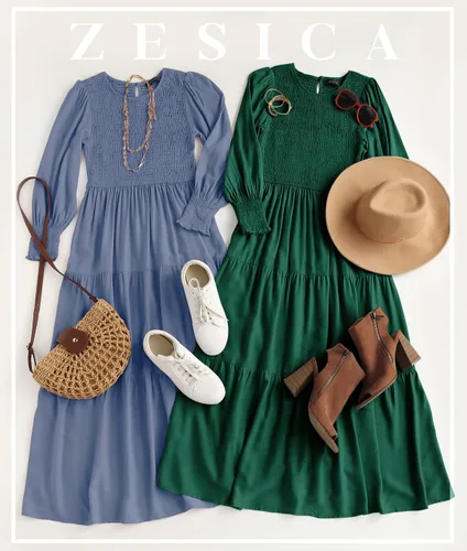 Vista 7 de ZESICA Vestido midi casual de manga larga con cuello redondo, cintura alta, fruncido, fluido y escalonado para mujer