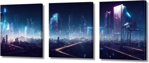 Vista 72 de Cuadros de 3 paneles de Cyberpunk City - Arte de pared de vallas publicitarias de edificios modernos en la capital con obras de arte modernas