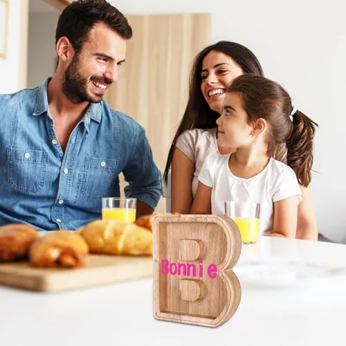Vista 4 de Alcancía personalizada con nombre de madera con nombre de la A a la Z, alfabeto de la A a la Z, para decoración del hogar para niños y adultos