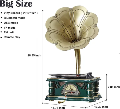 Vista 7 de Tocadiscos vintage de madera para gramófono, tocadiscos de fonógrafo retro, tocadiscos de 3 velocidades para discos de vinilo con reproducción