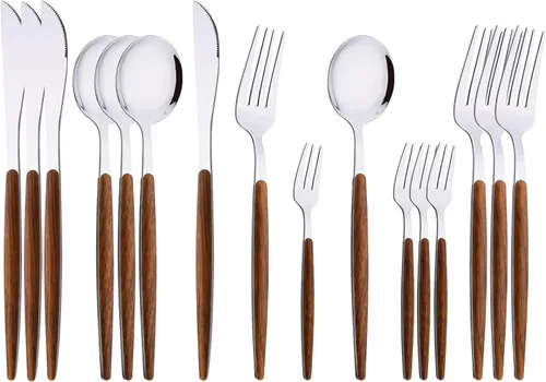 Vista 9 de Juego de cubiertos de 16 piezas con tenedor de pastel, juego de cubiertos de acero inoxidable dorado, juego de utensilios de comer con mango