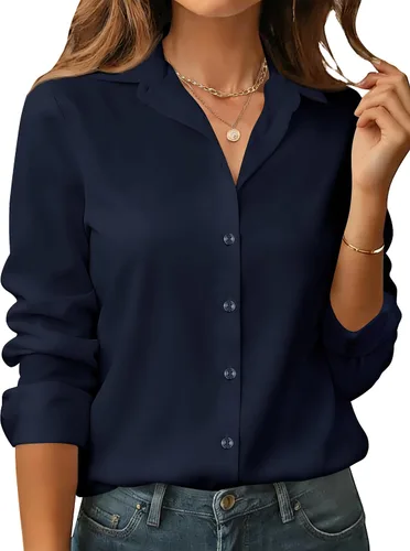 Vista 5 de Camisas de manga larga con botones para mujer, básicas, clásicas, suaves, con cuello a la moda, elegantes y casuales