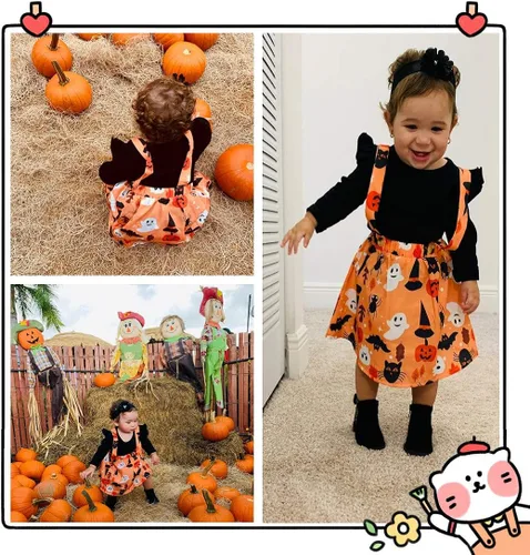Vista 7 de Conjunto de ropa de Halloween para recién nacido, con volantes, tirantes, calabaza, murciélago, fantasma, falda con diadema