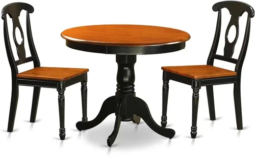 Vista 12 de East West Furniture El juego de habitación ANKE3-BLK-LC de 3 piezas contiene una mesa de cocina redonda con pedestal y 2 sillas de comedor tapizadas