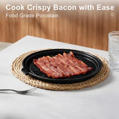 Vista 8 de ONEMORE Bandeja de tocino para microondas y tocino de cerámica, estante para cocinar al horno, máquina de tocino crujiente, plato redondo de tocino