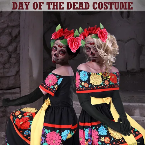 Vista 4 de Xtinmee 4 piezas de disfraces del Día de los Muertos para mujer, incluyen vestido, diadema, guantes y tatuaje facial para cosplay, Halloween