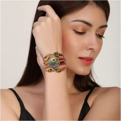Vista 4 de Pulsera de cuero con girasol para mujeres, adolescentes, niñas, con texto en inglés "You are My Sunshine", pulseras bohemias para esposa, hija