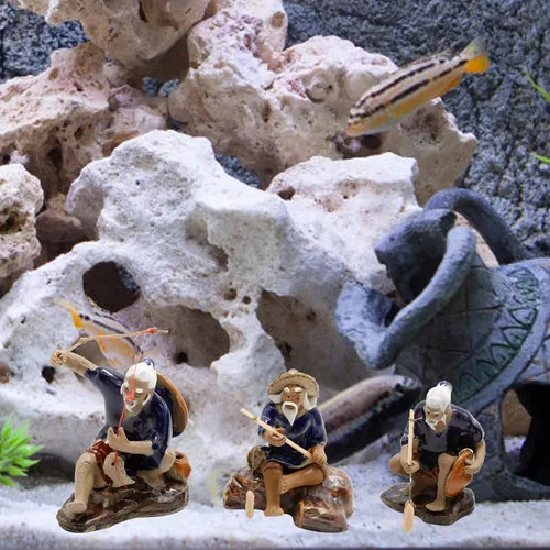 Vista 9 de 3 piezas de pescador estatua de pesca adorno bonsái accesorio árbol olla china hombre cerámica jardín decoración pecera bonsái jardín decoración
