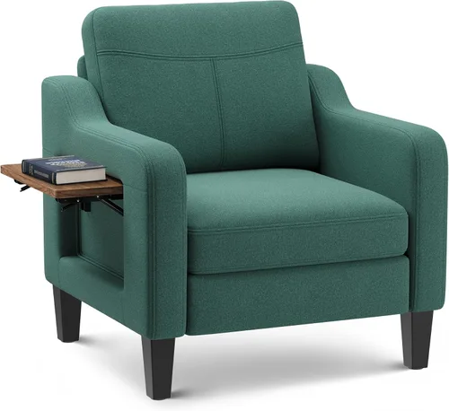Vista 18 de Silla de acento para sala de estar, sillón moderno tapizado en lino, silla de sofá lateral de tela con estructura de madera con mesa plegable, 2